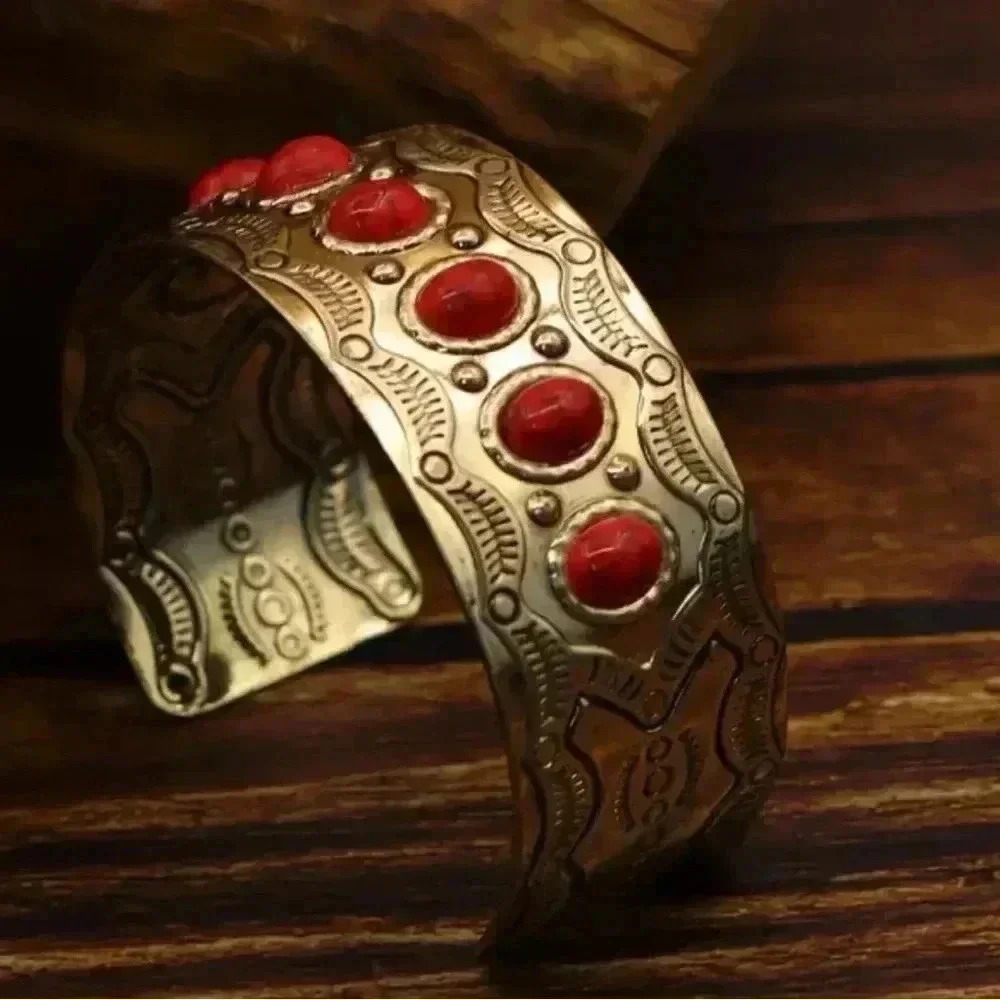 Boho vintage style gold tone adjustable cuff